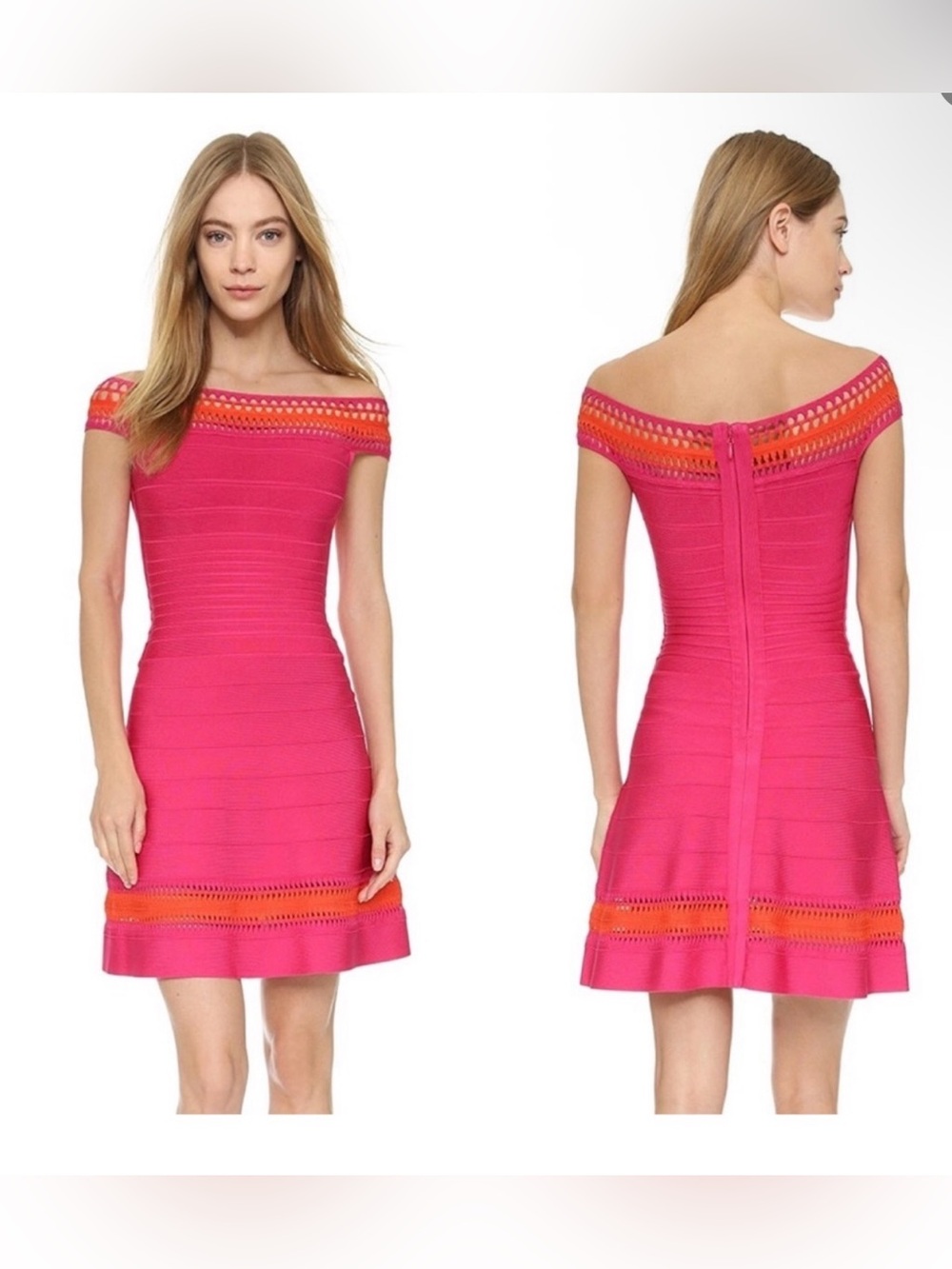 Herve By Herve Leger Off Shoulder Bandage Mini Dress Pink Orange Women's Medium